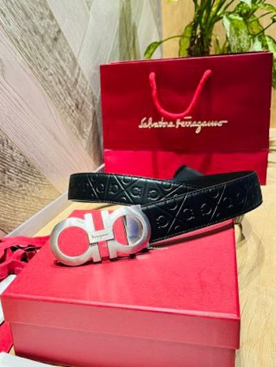 1:1 Ferragamo  Black Leather Belt  with Silver  Logo buckle Horseshoe Buckle 3.5cm